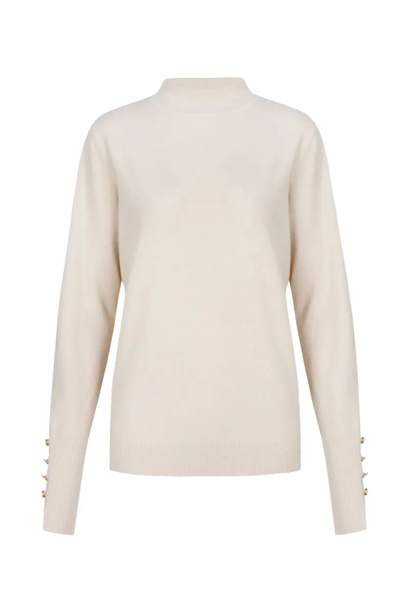 CS The Label Ambra Knit Pullover in zandkleur, gebreide damestrui met ronde hals en lange mouwen
